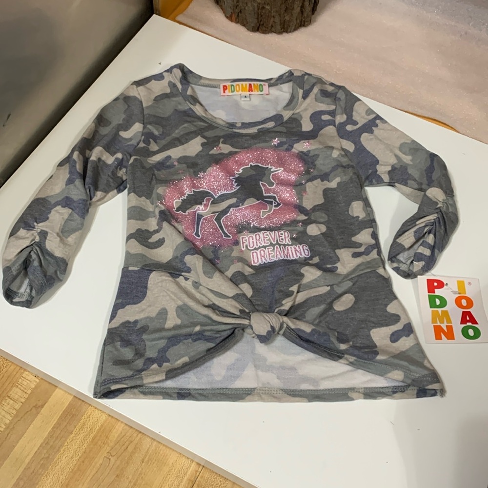 Girls Unicorn Pidomano Top Size 4” Grey & Pink NWT